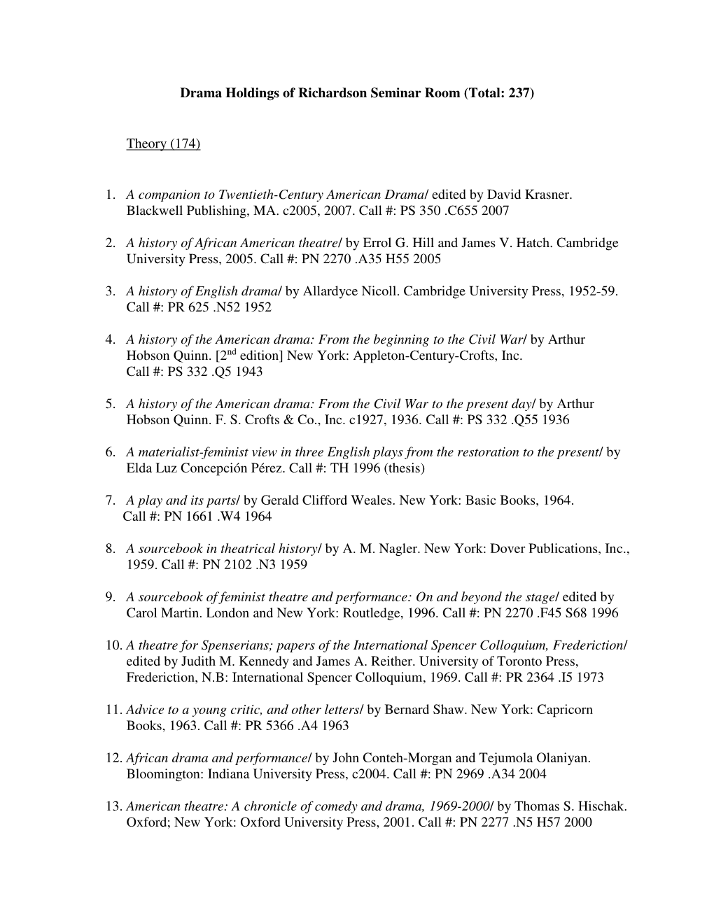 Drama Holdings of Richardson Seminar Room (Total: 237)