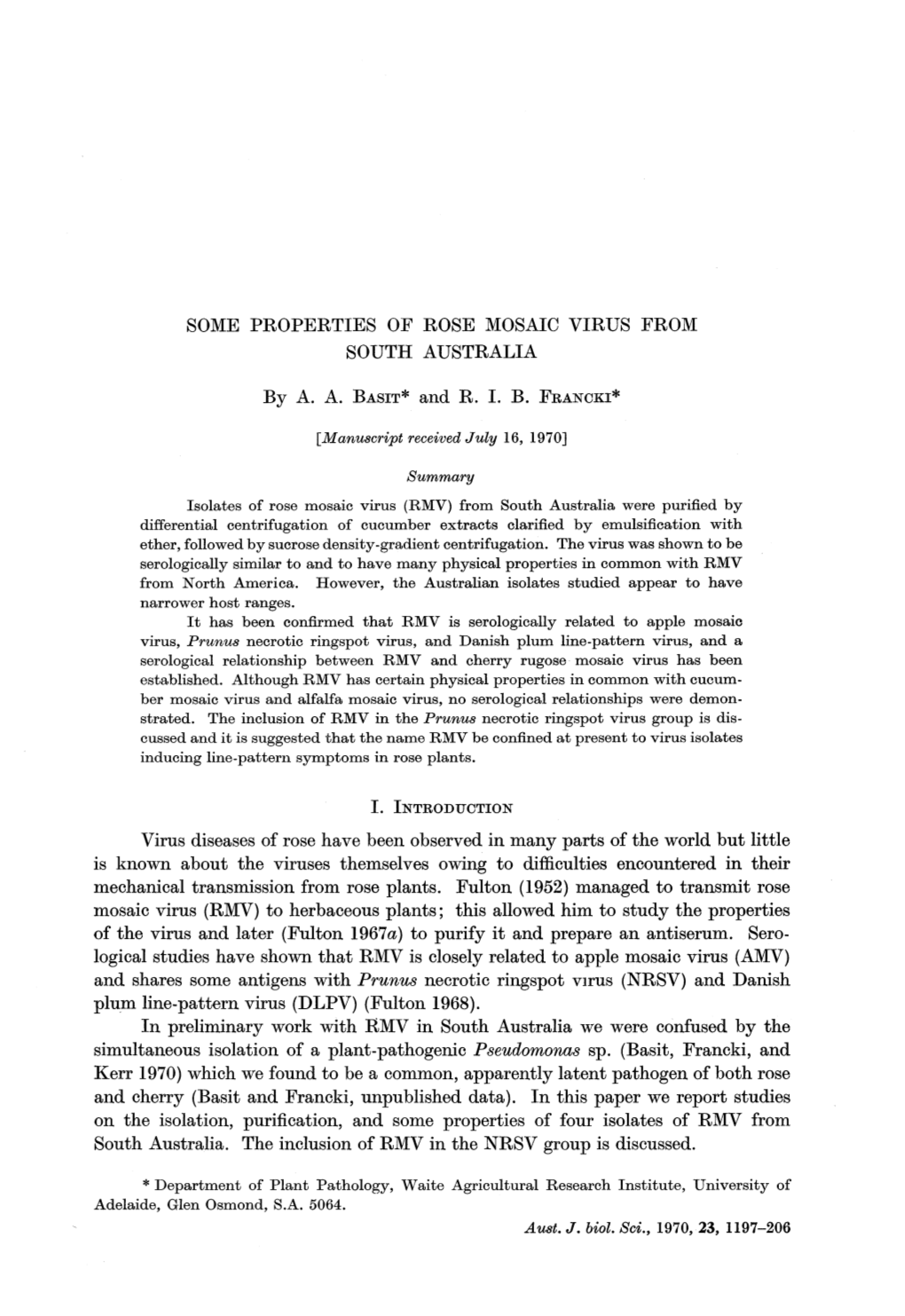 Some Properties of Rose Mosaic Virus from South Australia