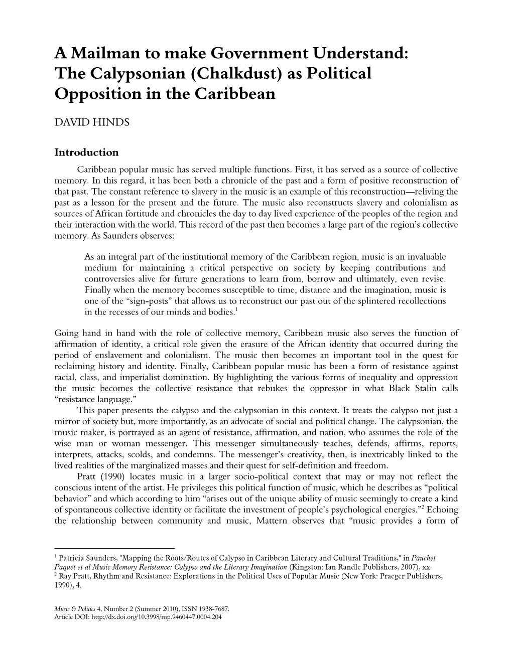 The Calypsonian (Chalkdust) As Political Opposition in the Caribbean