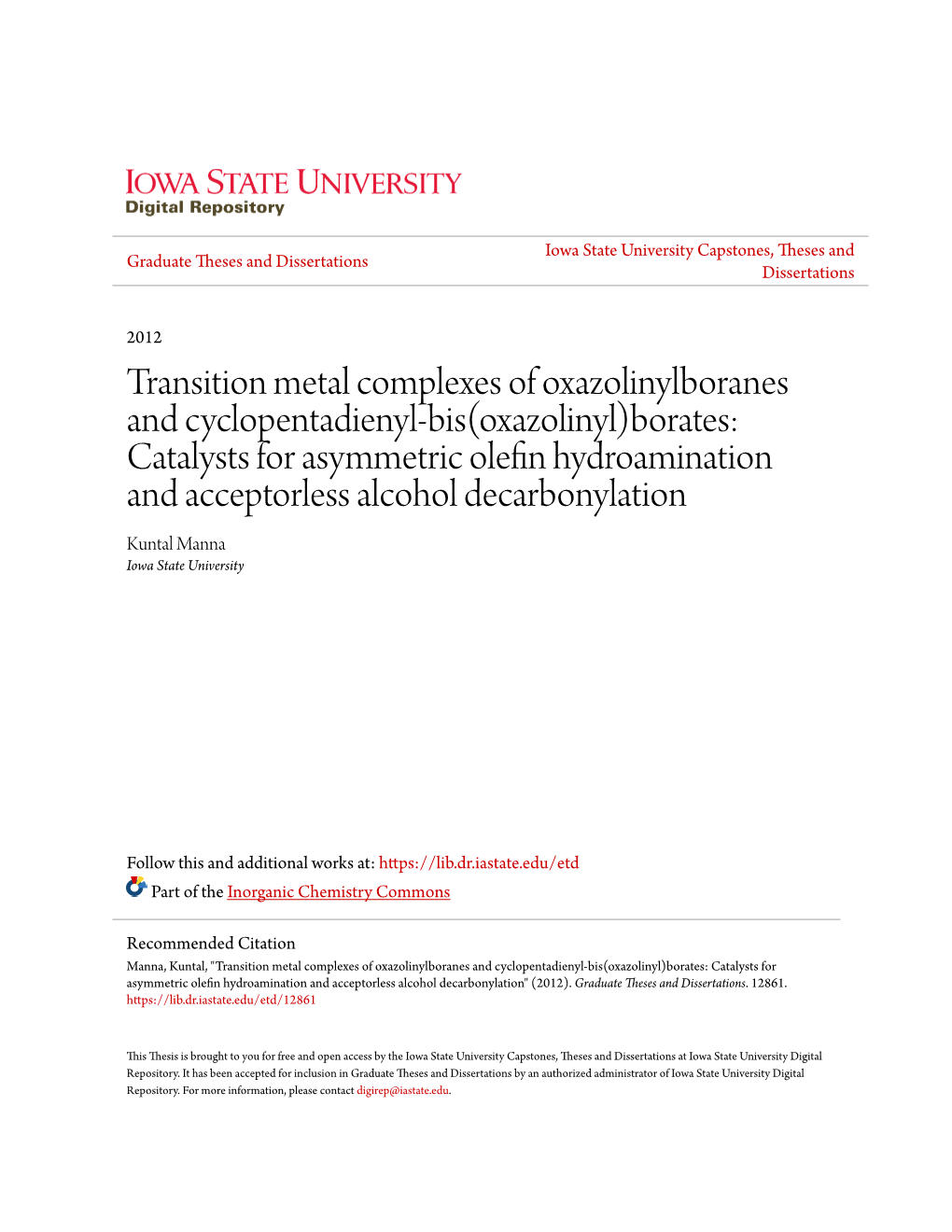 Transition Metal Complexes of Oxazolinylboranes And