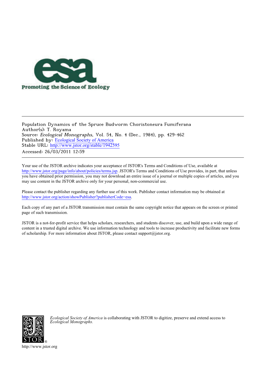 Population Dynamics of the Spruce Budworm Choristoneura Fumiferana Author(S): T