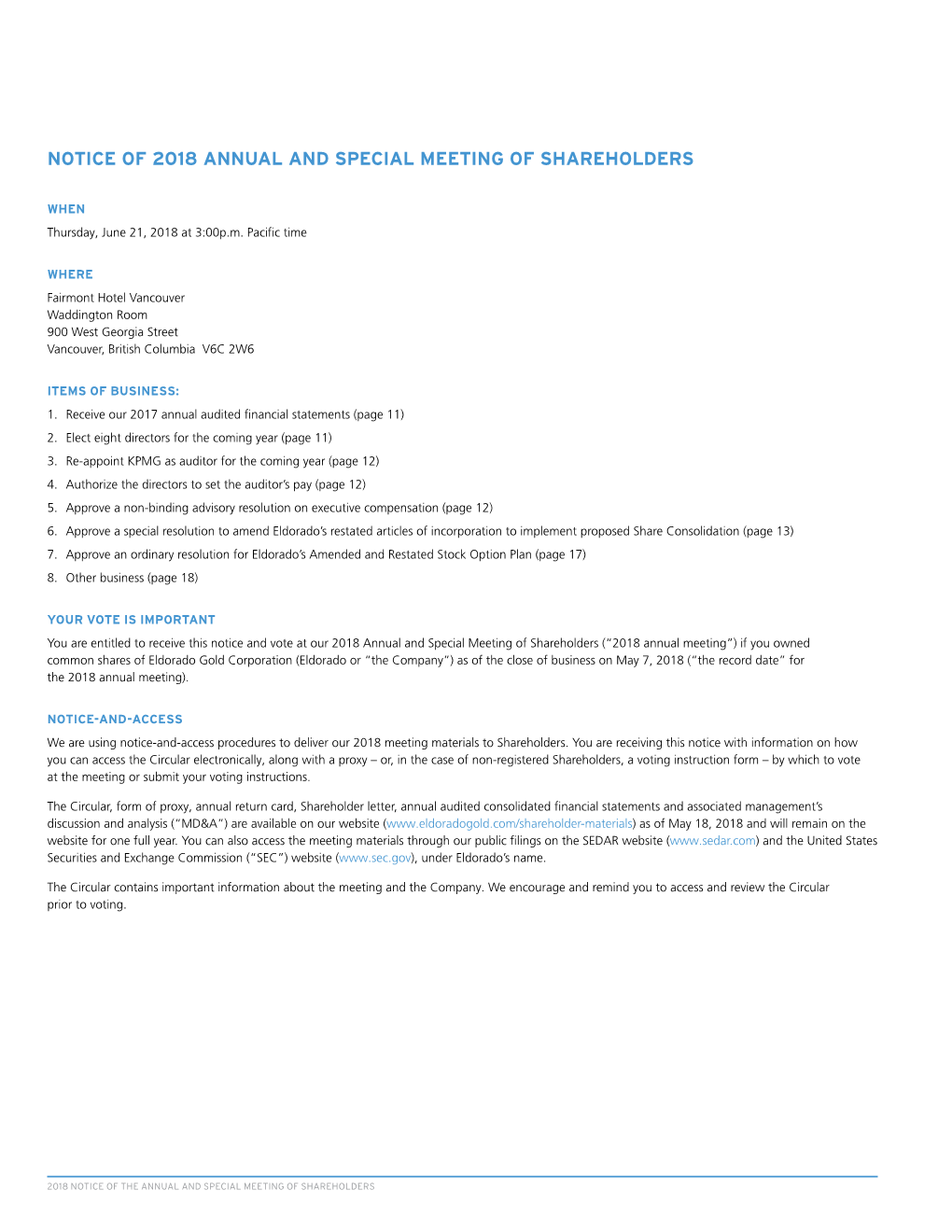 Notice of 2018 Annual and Special Meeting of Shareholders