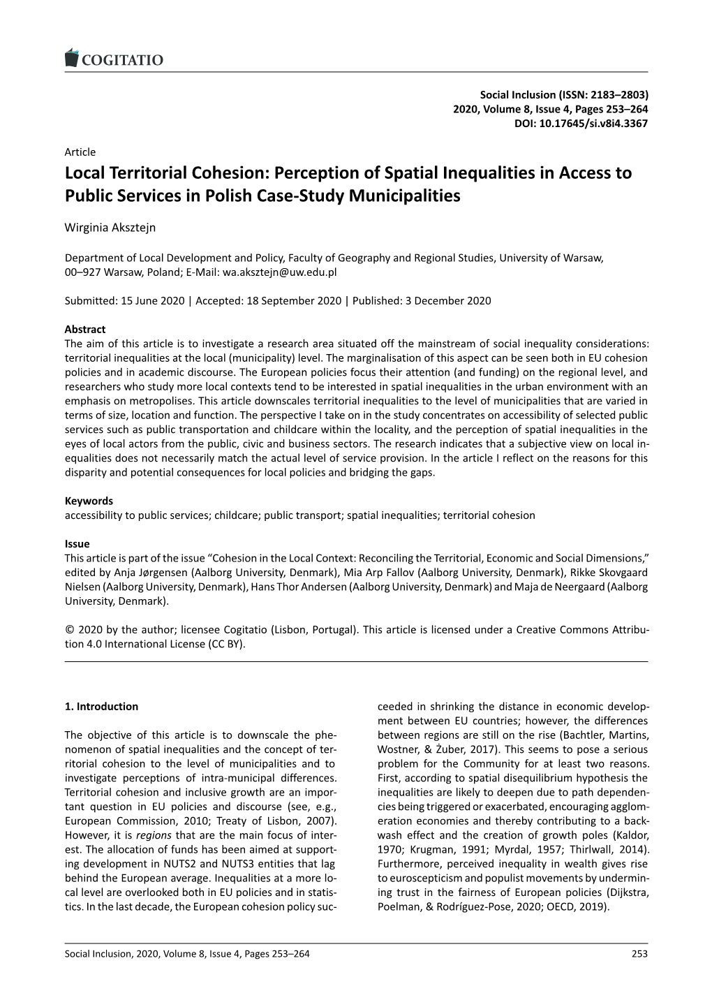 Local Territorial Cohesion: Perception of Spatial Inequalities in Access to Public Services in Polish Case-Study Municipalities