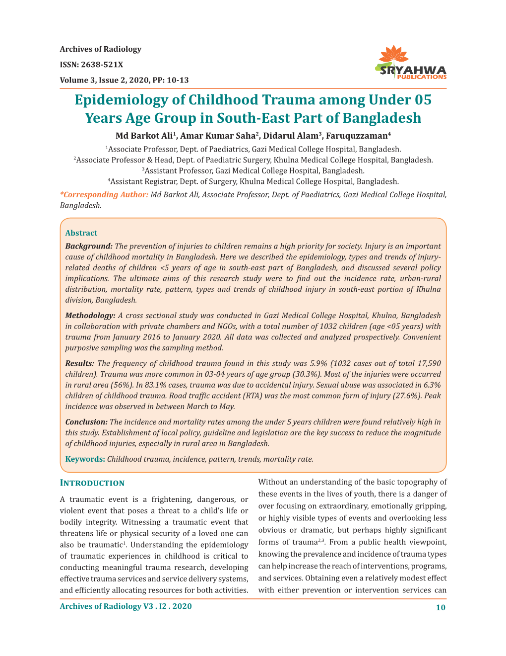 Epidemiology of Childhood Trauma Among Under 05 Years Age Group