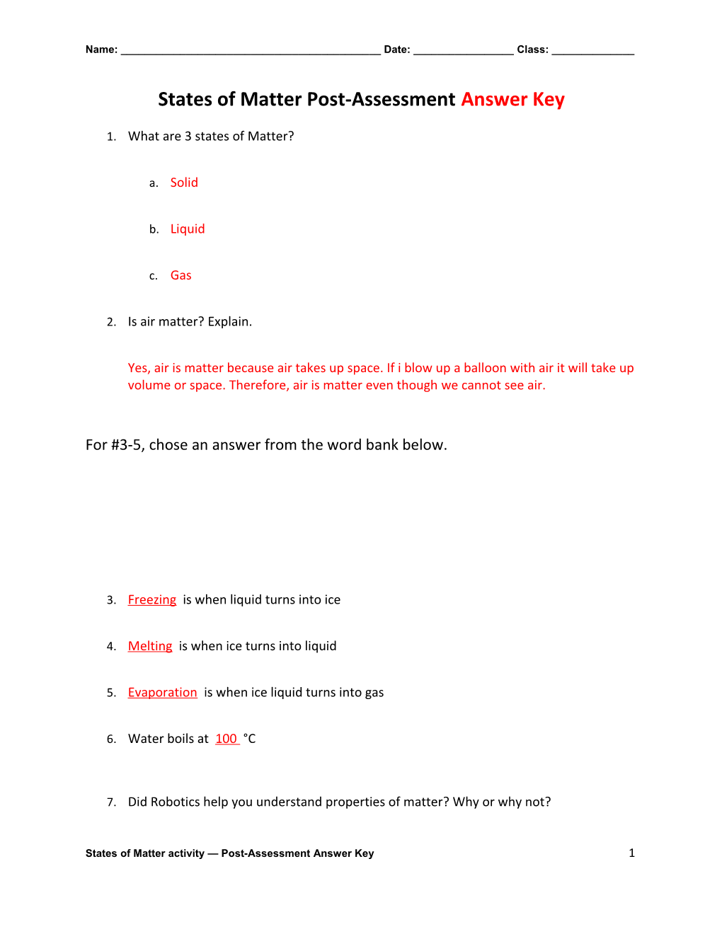 States of Matter Post-Assessment Answer Key