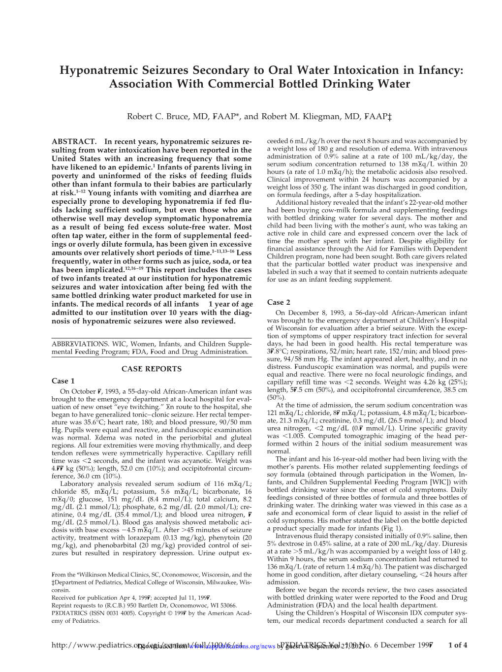 Hyponatremic Seizures Secondary to Oral Water Intoxication in Infancy: Association with Commercial Bottled Drinking Water