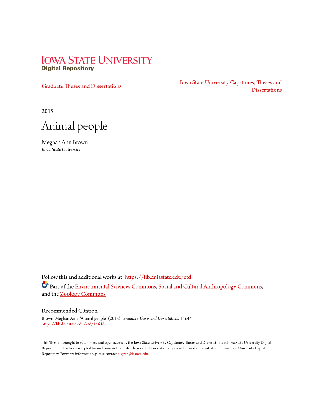Animal People Meghan Ann Brown Iowa State University