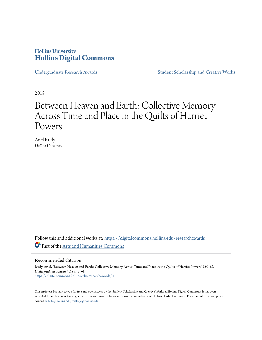 Collective Memory Across Time and Place in the Quilts of Harriet Powers Ariel Rudy Hollins University