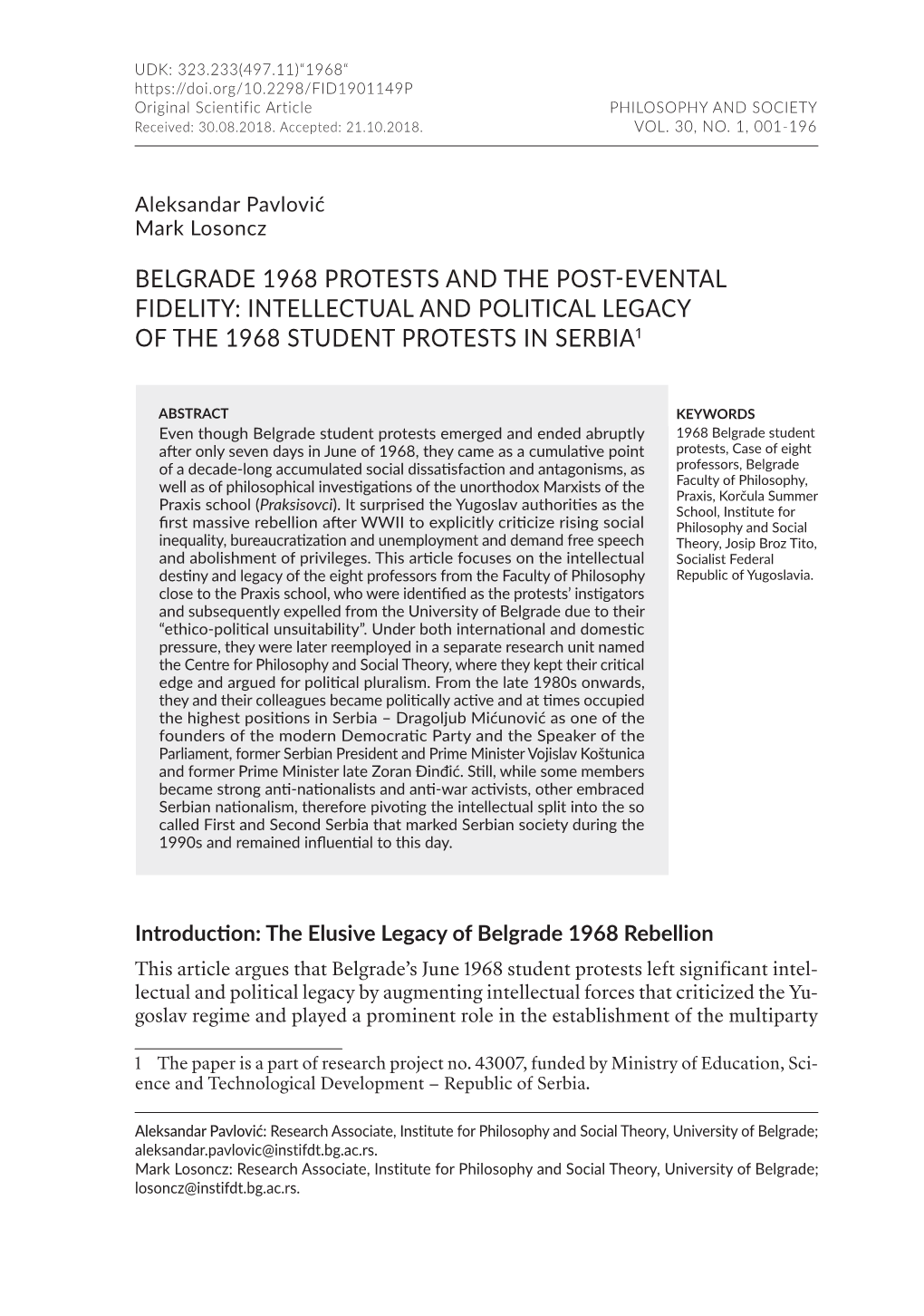 Belgrade 1968 Protests and the Post-Evental Fidelity: Intellectual and Political Legacy of the 1968 Student Protests in Serbia1