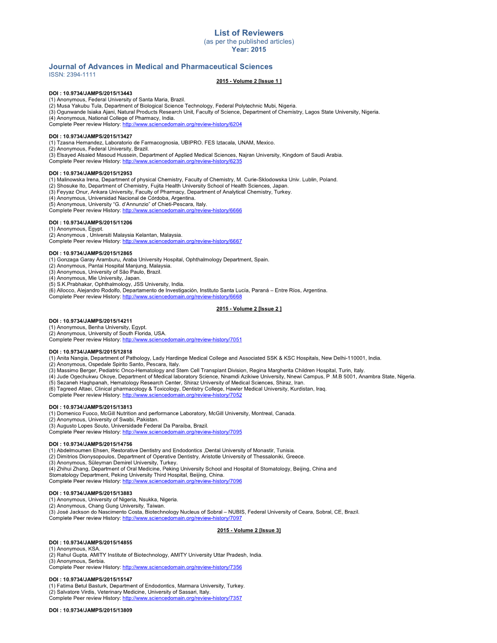 List of Reviewers (As Per the Published Articles) Year: 2015