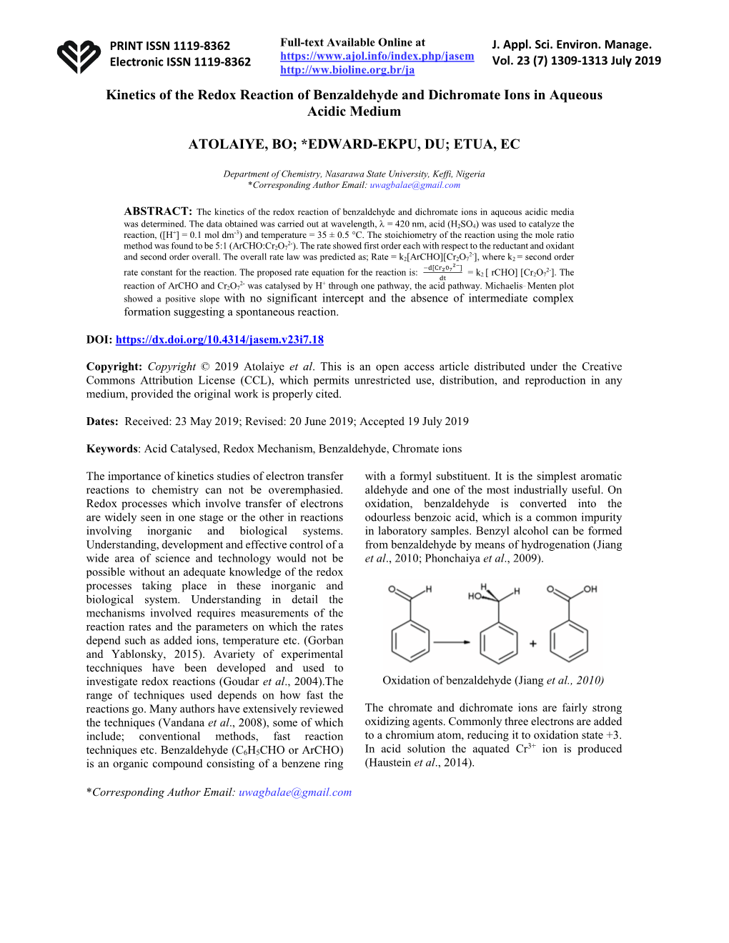 Kinetics of the Redox Reaction of Benzaldehyde and Dichromate Ions in Aqueous Acidic Medium