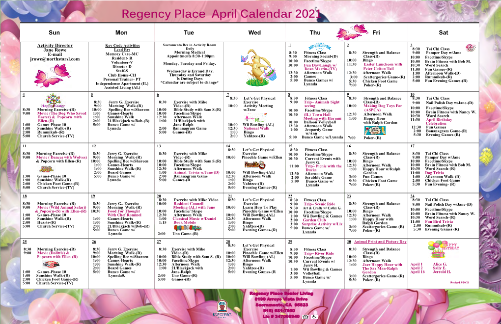 Regency Place April Calendar 2021