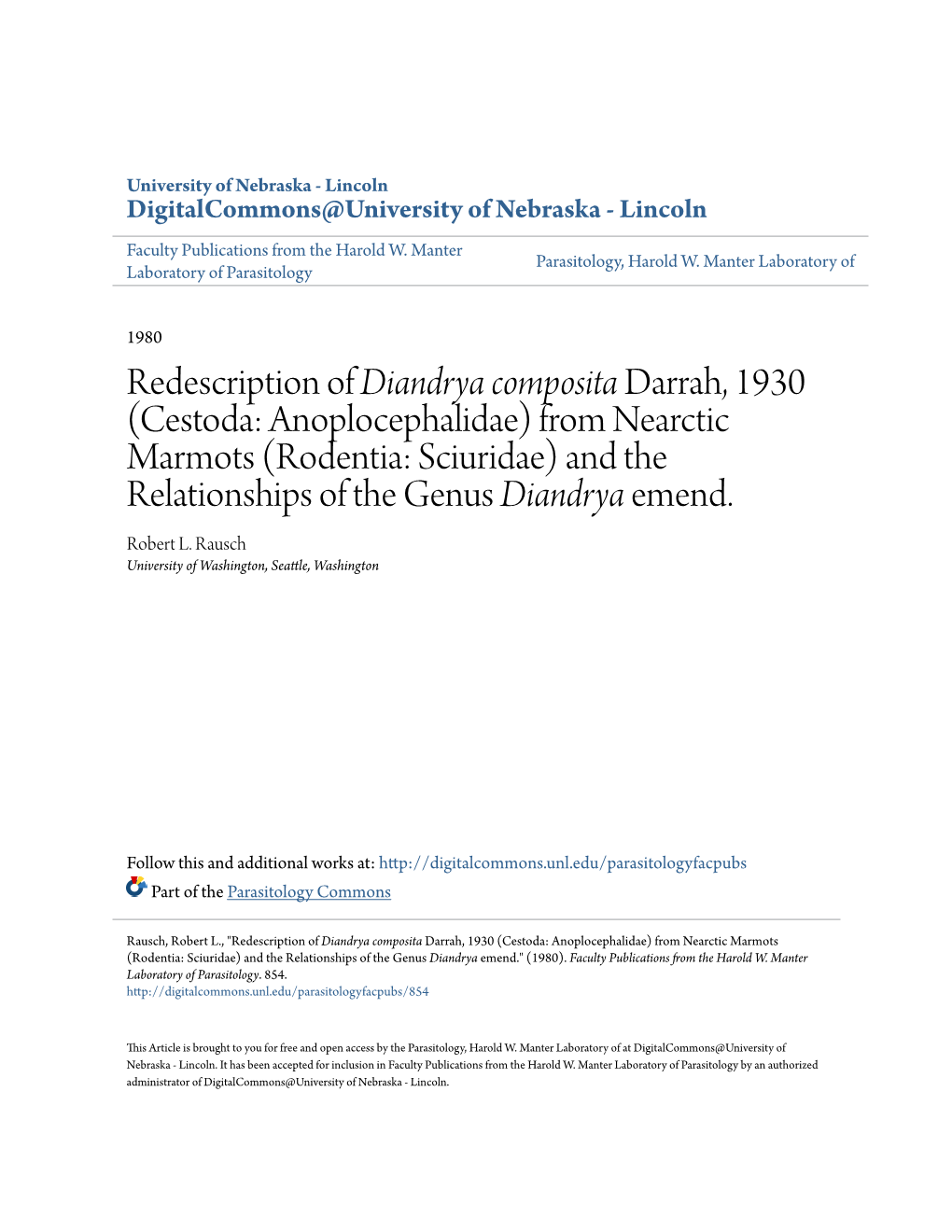 Cestoda: Anoplocephalidae) from Nearctic Marmots (Rodentia: Sciuridae) and the Relationships of the Genus Diandrya Emend