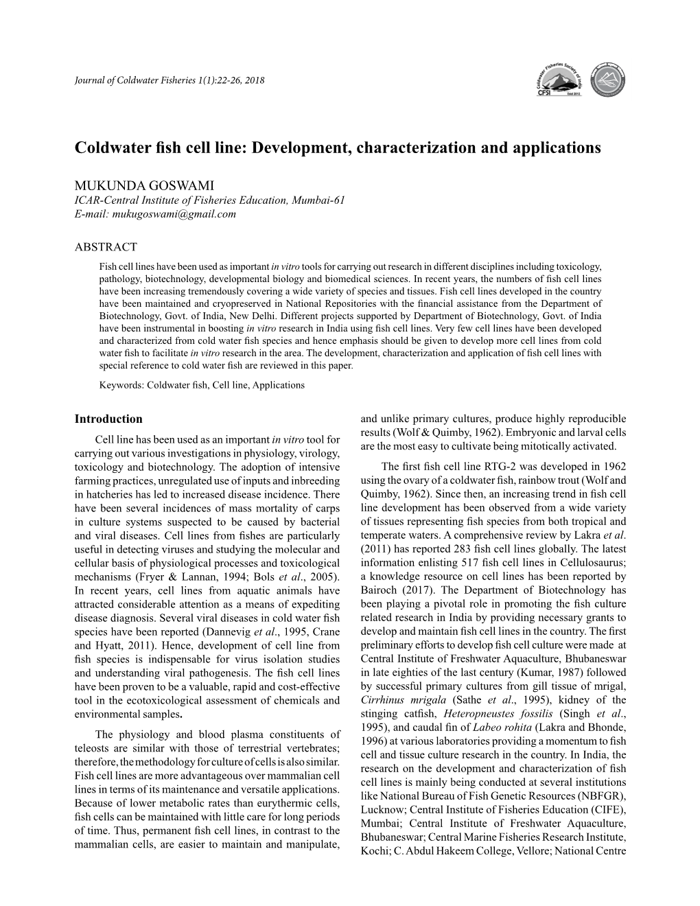 Coldwater Fish Cell Line: Development, Characterization and Applications