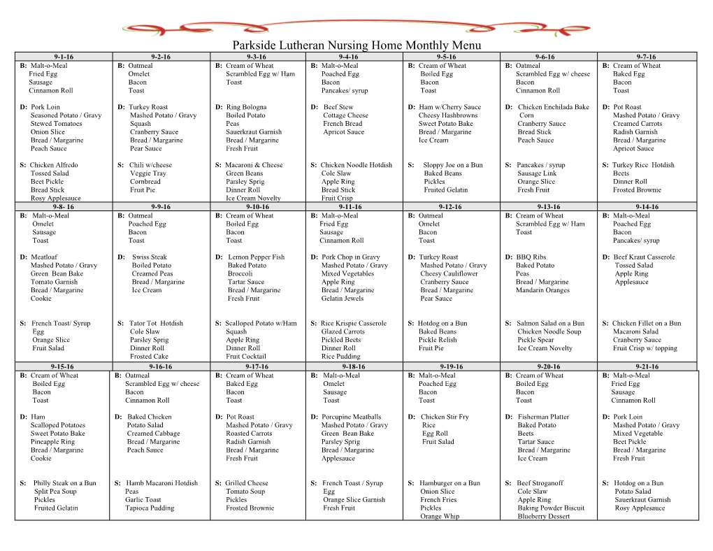 Parkside Lutheran Nursing Home Monthly Menu