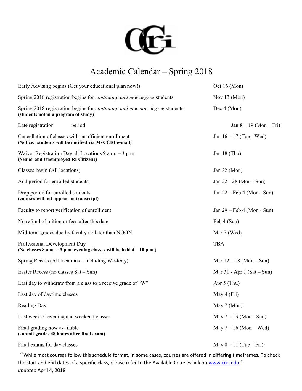 Academic Calendar Spring 2018