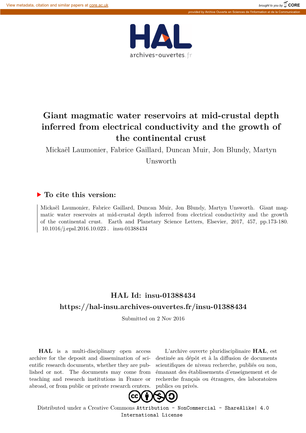 Giant Magmatic Water Reservoirs at Mid-Crustal Depth Inferred From