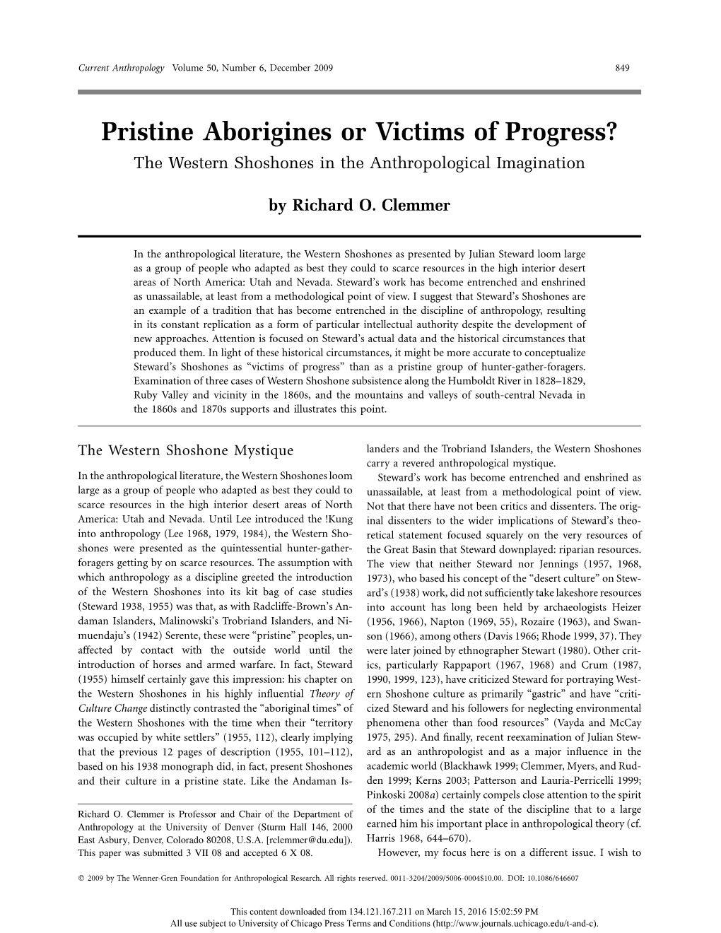 Pristine Aborigines Or Victims of Progress? the Western Shoshones in the Anthropological Imagination