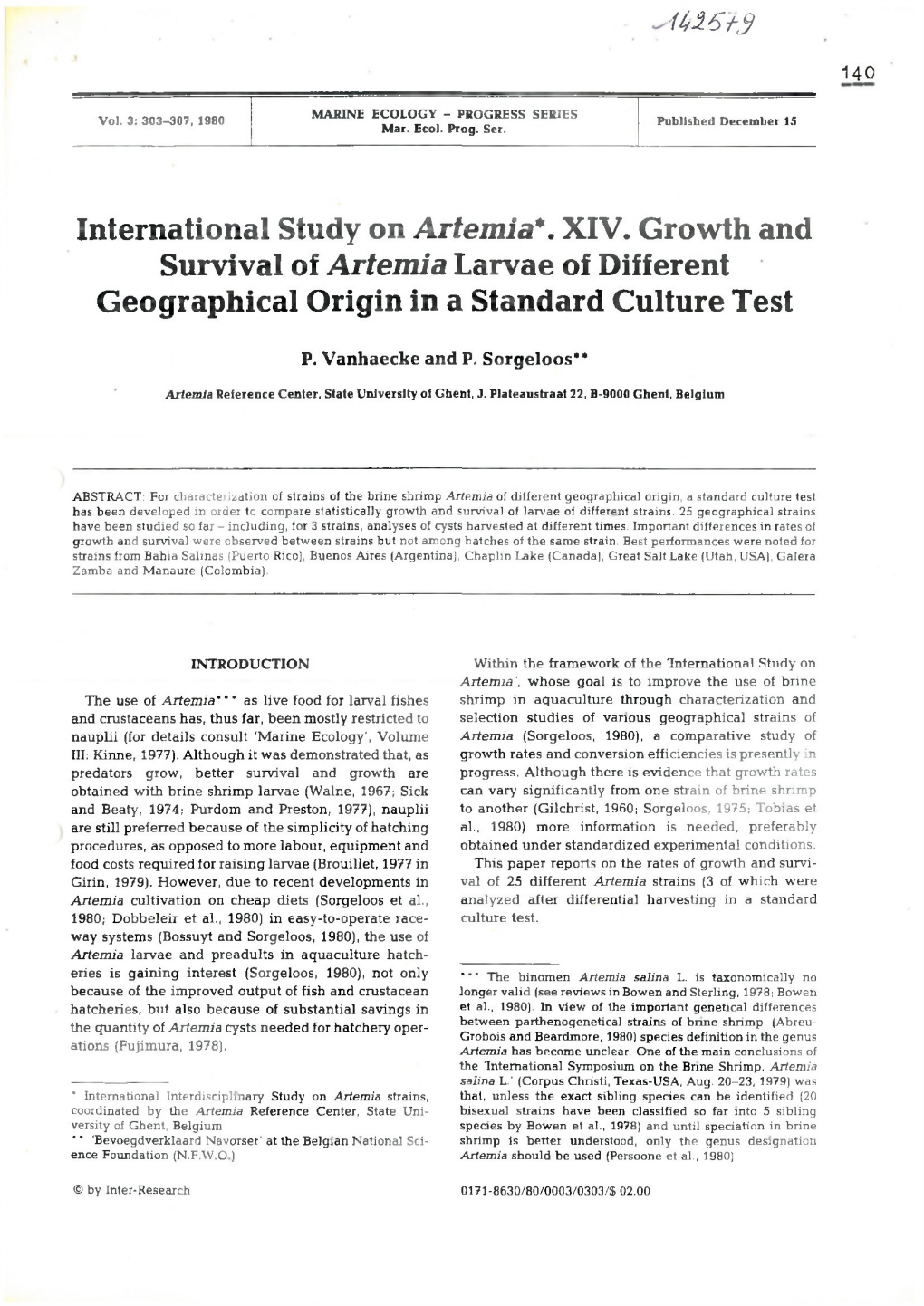 International Study on Artemia*. XIV. Growth and Survival of Artemia