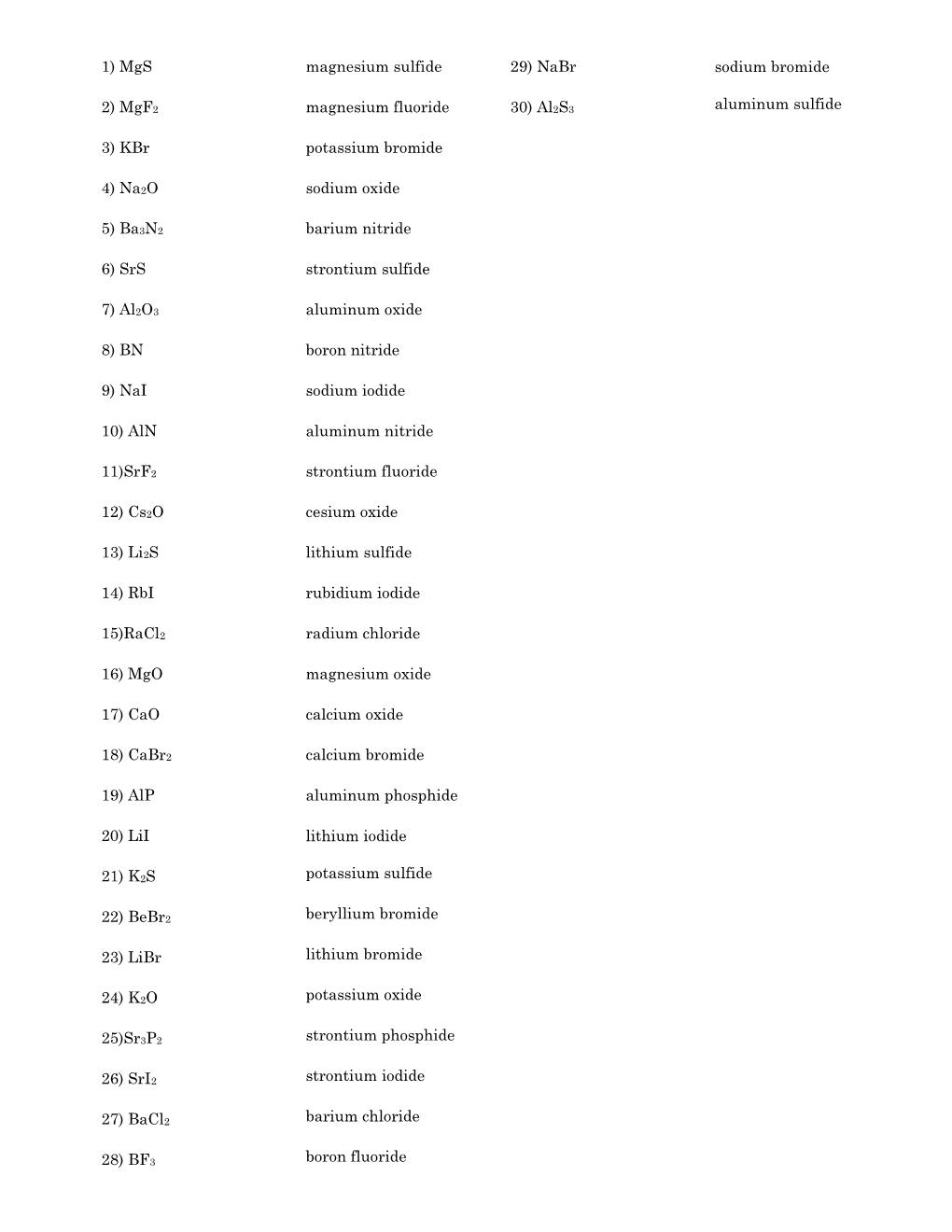 1) Mgs 2) Mgf2 3) Kbr 4) Na2o 5) Ba3n2 6) Srs 7) Al2o3 8) BN 9) Nai 10) Aln 11)Srf2 12) Cs2o 13) Li2s 14) Rbi 15)Racl2 16) Mgo 1