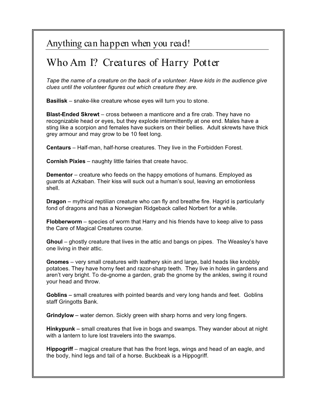 Week 4 Harry Potter Who Am I