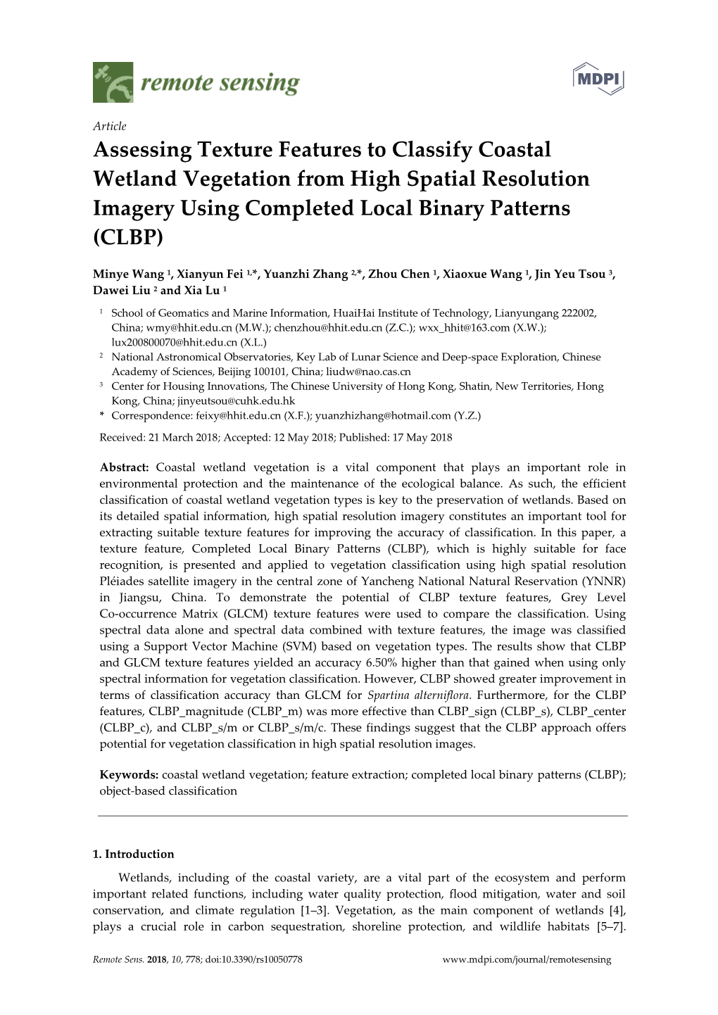 Assessing Texture Features to Classify Coastal Wetland Vegetation from High Spatial Resolution Imagery Using Completed Local Binary Patterns (CLBP)