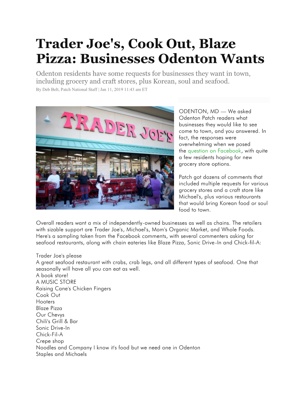 Trader Joe's, Cook Out, Blaze Pizza: Businesses Odenton Wants