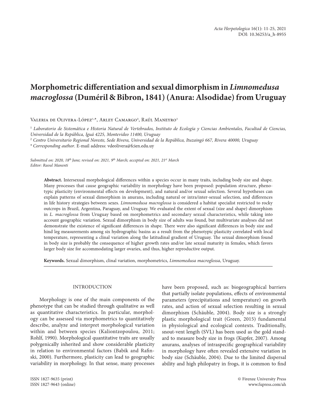 Morphometric Differentiation and Sexual Dimorphism in Limnomedusa Macroglossa (Duméril & Bibron, 1841) (Anura: Alsodidae) from Uruguay