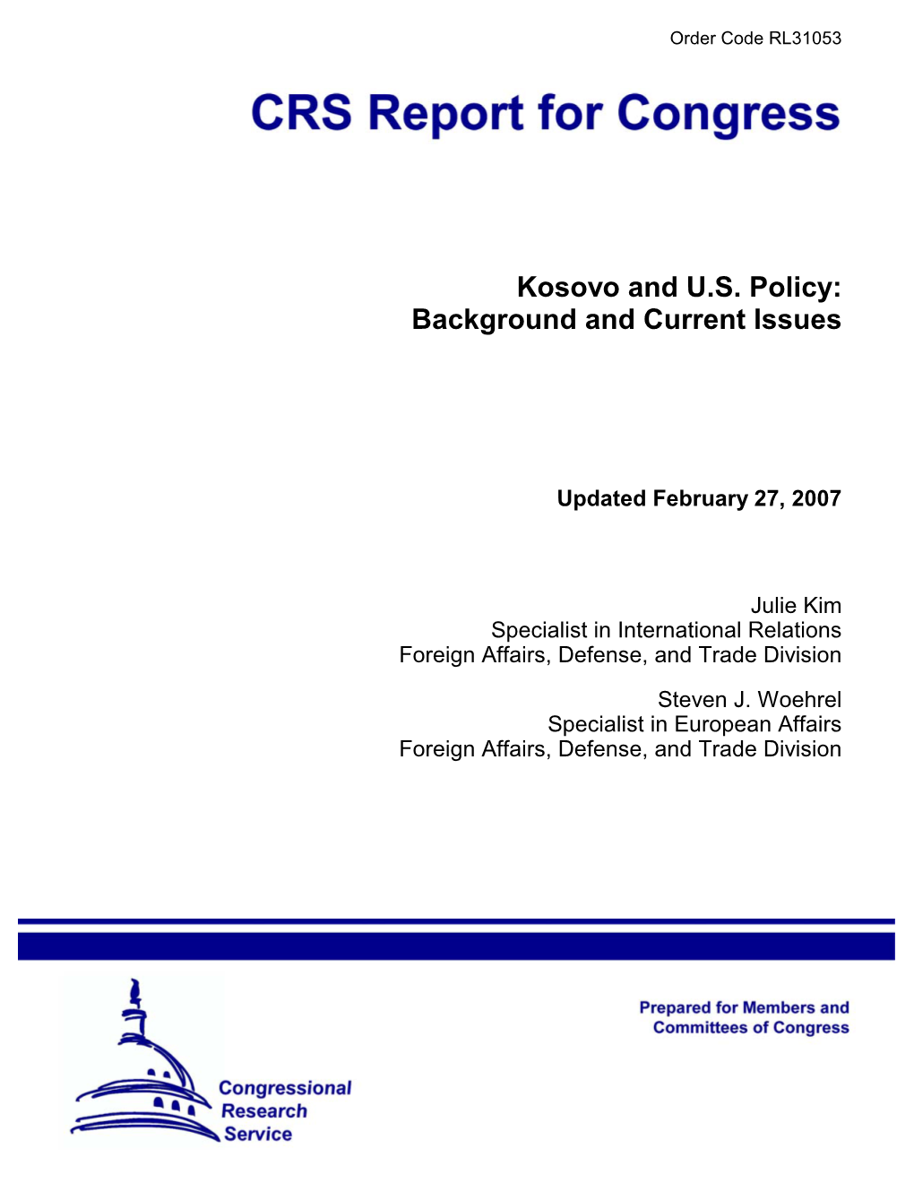 Kosovo and US Policy: Background and Current Issues