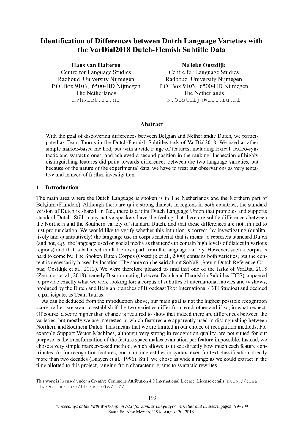 Identification of Differences Between Dutch Language Varieties with the Vardial2018 Dutch-Flemish Subtitle Data