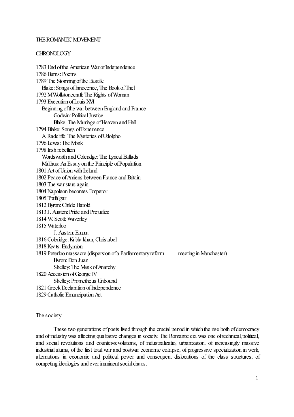 1 the ROMANTIC MOVEMENT CHRONOLOGY 1783 End of The