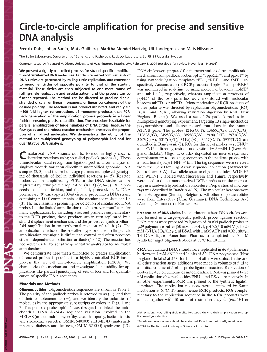 Circle-To-Circle Amplification for Precise and Sensitive DNA Analysis