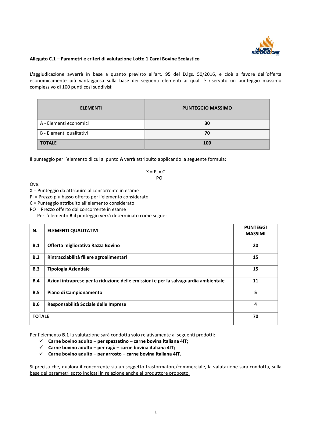 Parametri E Criteri Di Valutazione Lotto 1 Carni Bovine Scolastico