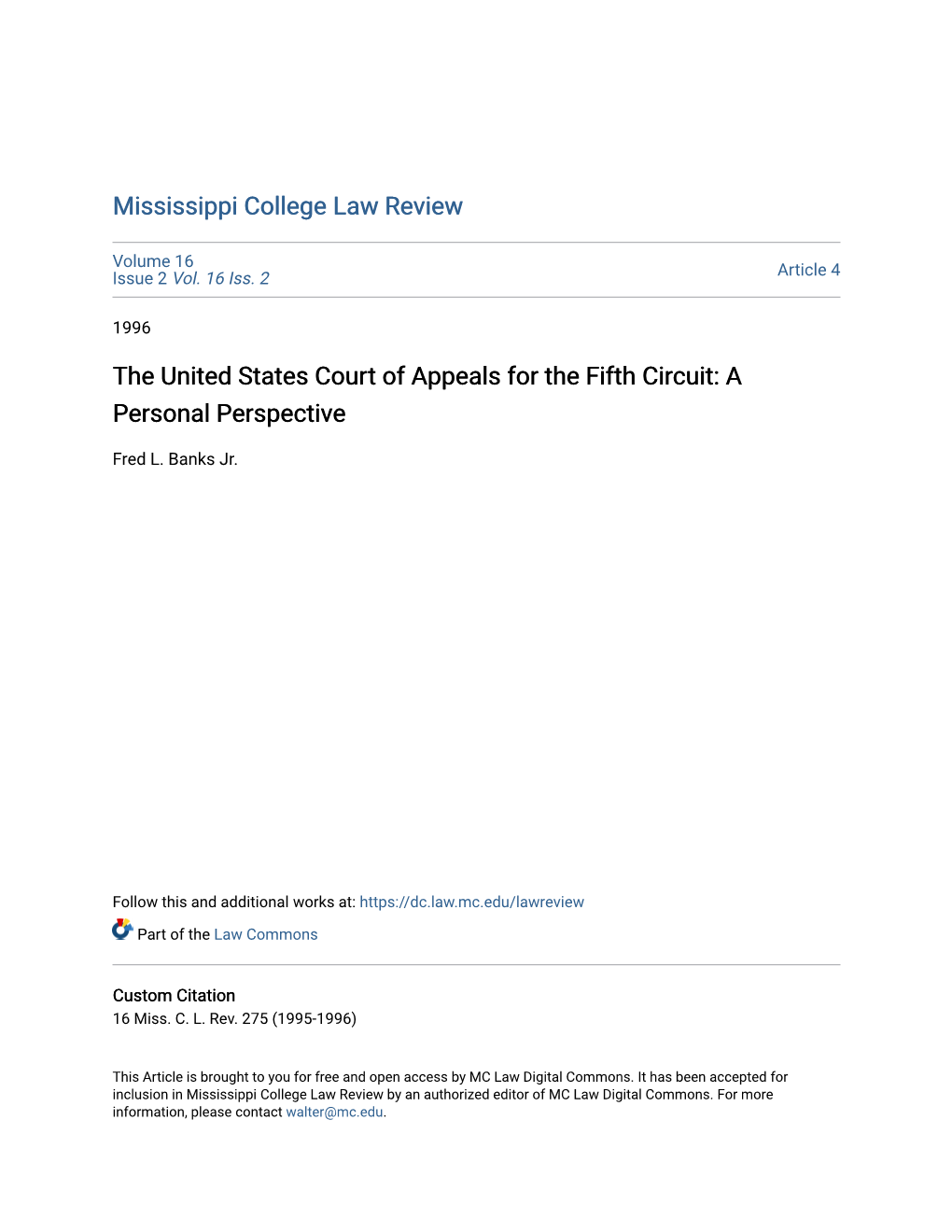 The United States Court of Appeals for the Fifth Circuit: a Personal Perspective