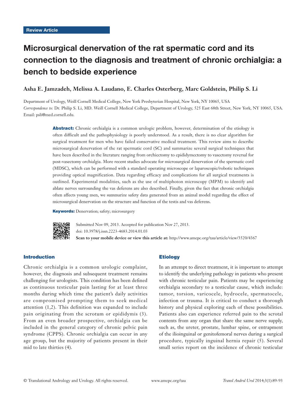 Microsurgical Denervation of the Rat Spermatic Cord and Its Connection to the Diagnosis and Treatment of Chronic Orchialgia: a Bench to Bedside Experience