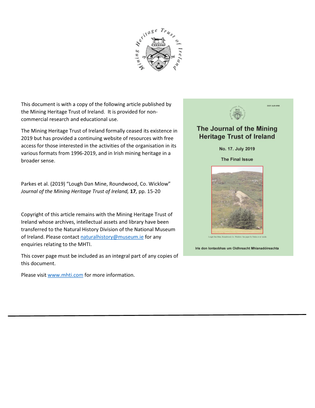 Lough Dan Mine, Roundwood, Co. Wicklow” Journal of the Mining Heritage Trust of Ireland, 17, Pp