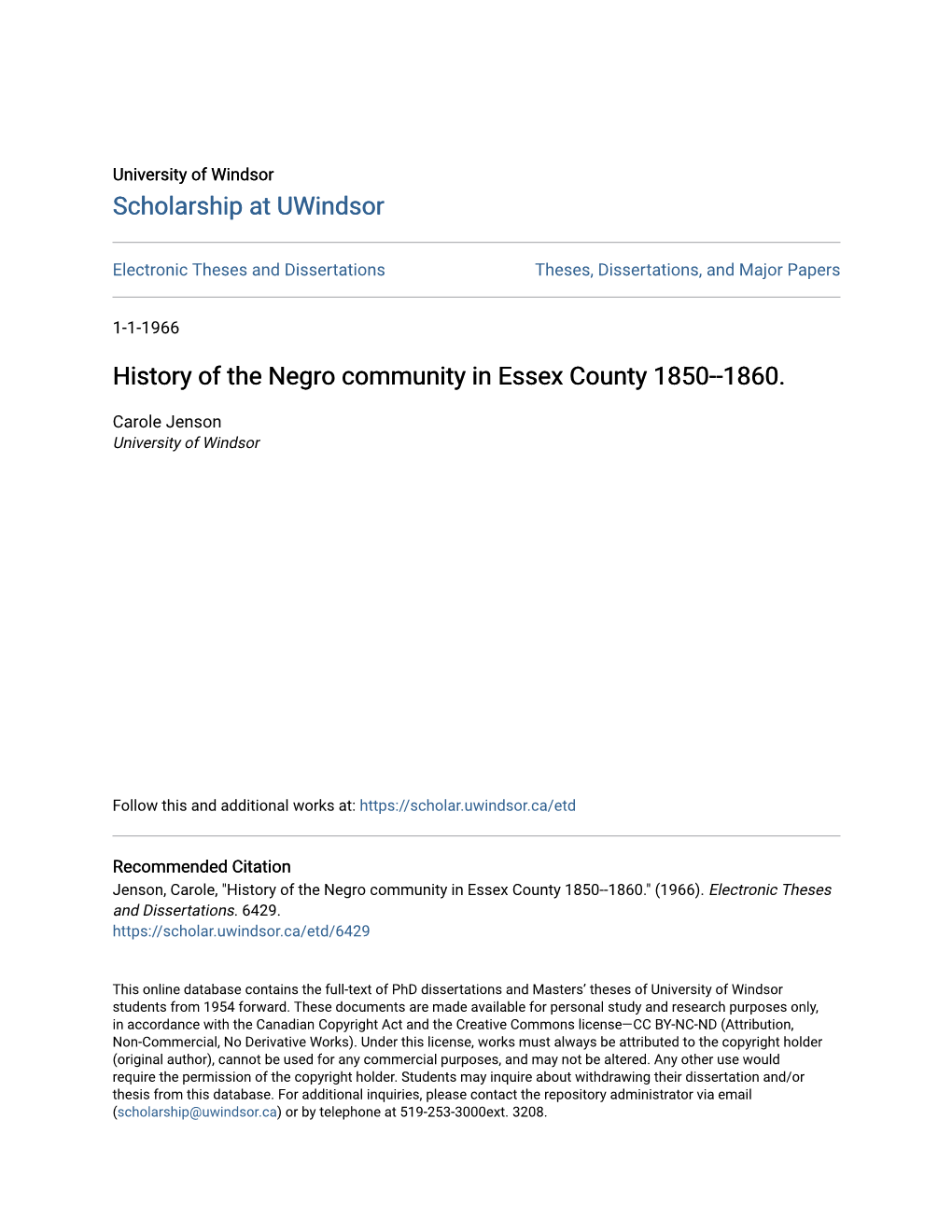 History of the Negro Community in Essex County 1850--1860