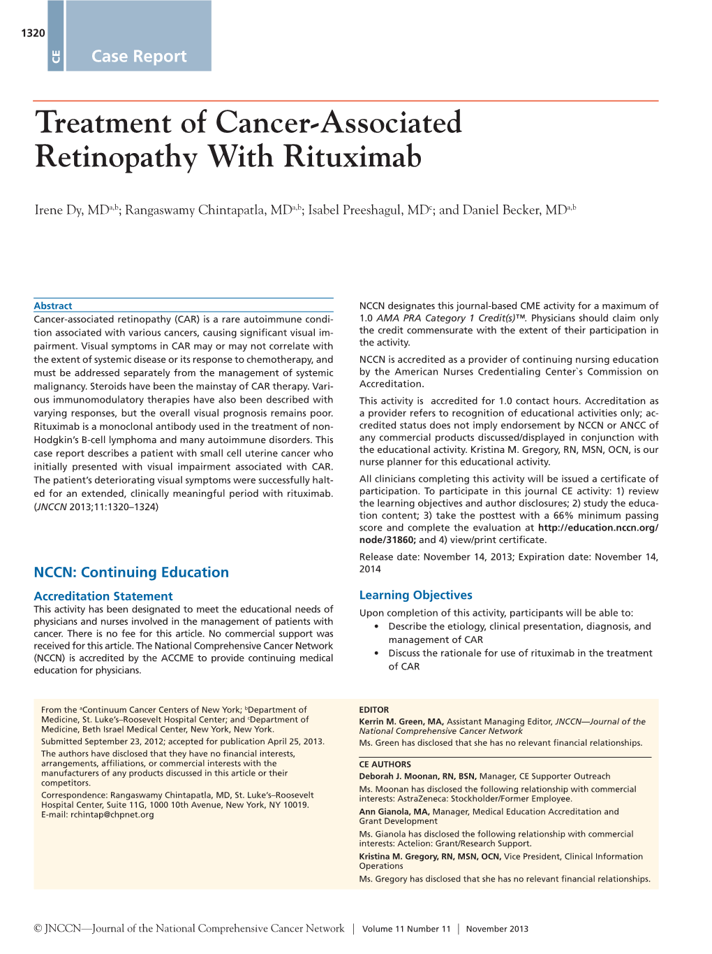 Treatment of Cancer-Associated Retinopathy with Rituximab