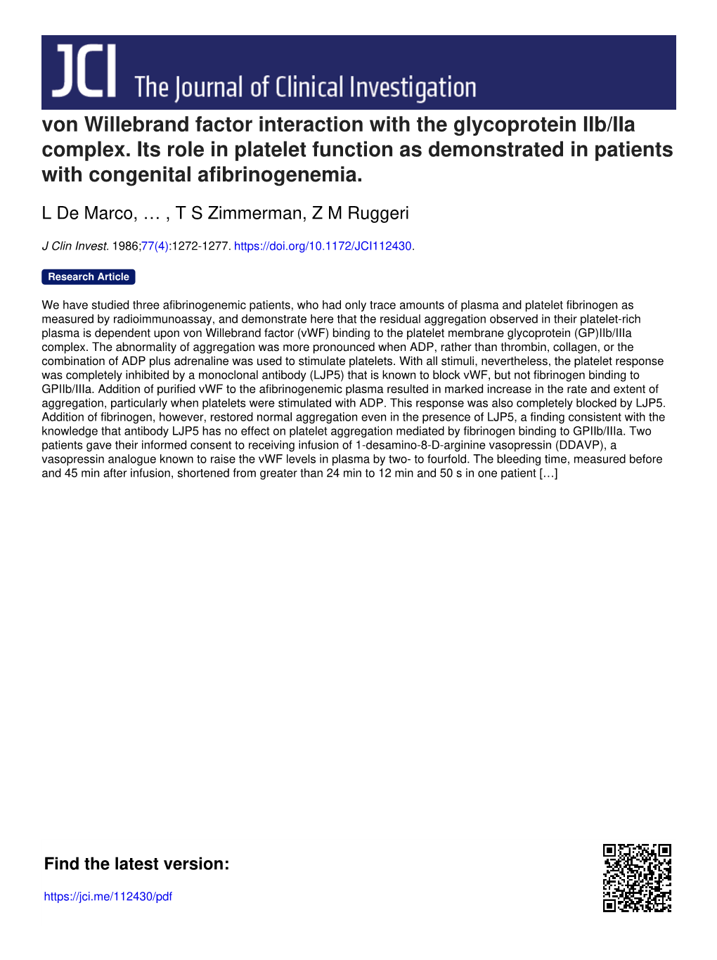 Von Willebrand Factor Interaction with the Glycoprotein Iib/Iia Complex. Its Role in Platelet Function As Demonstrated in Patients with Congenital Afibrinogenemia