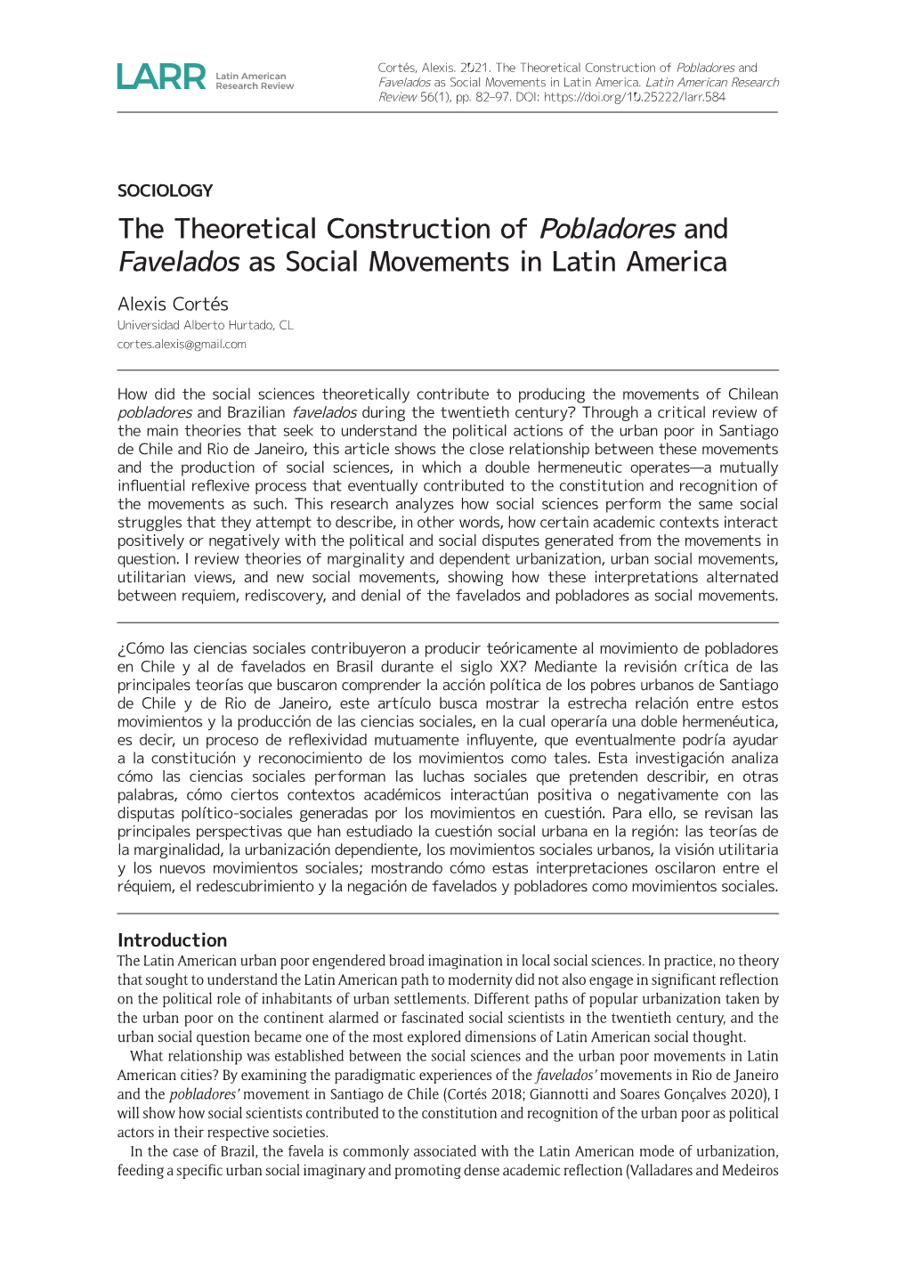 The Theoretical Construction of Pobladores and Favelados As Social Movements in Latin America