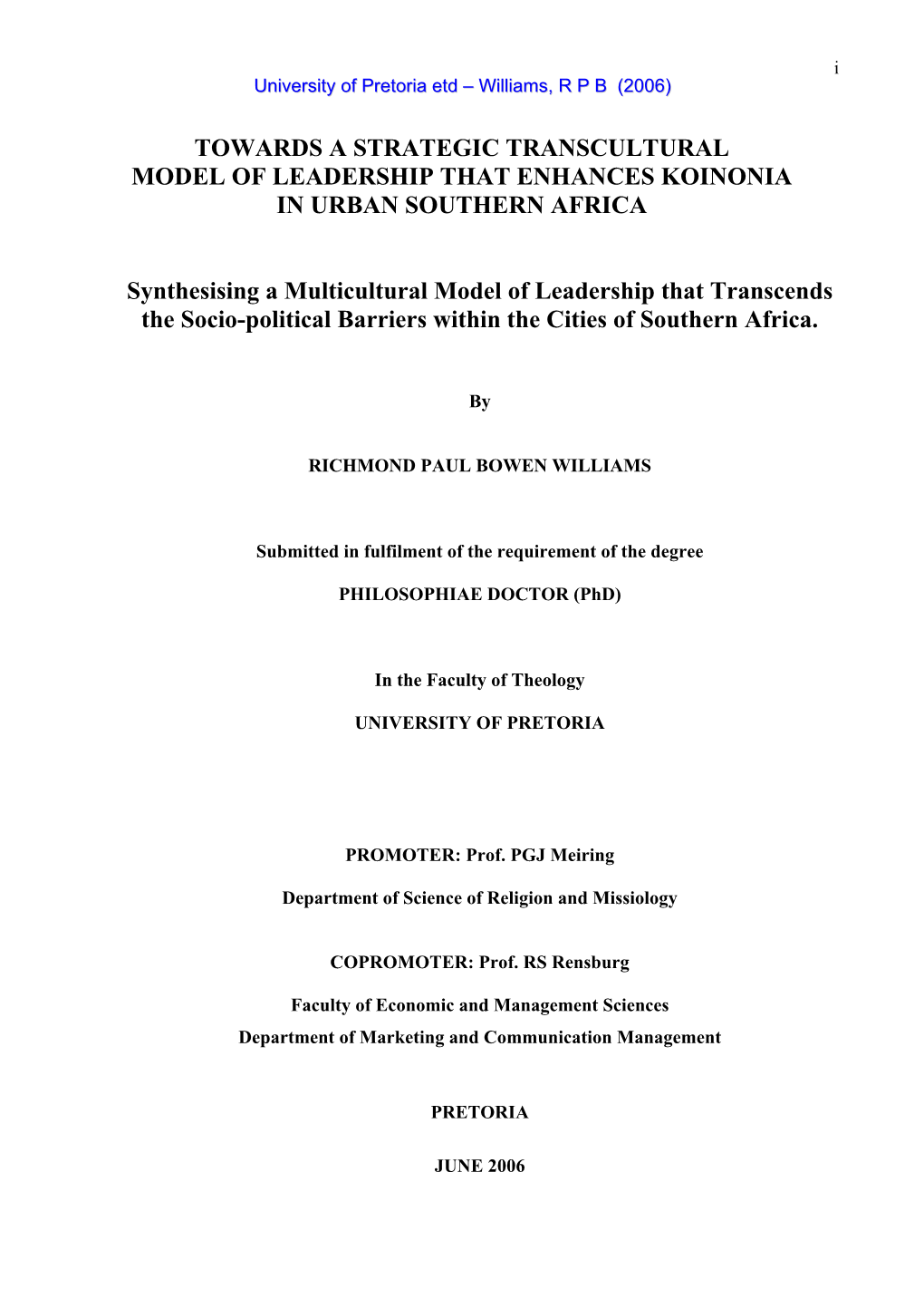 Towards a Strategic Transcultural Model of Leadership That Enhances Koinonia in Urban Southern Africa