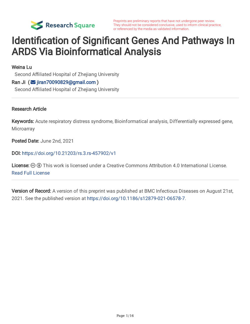 Identi Cation of Signi Cant Genes and Pathways in ARDS Via