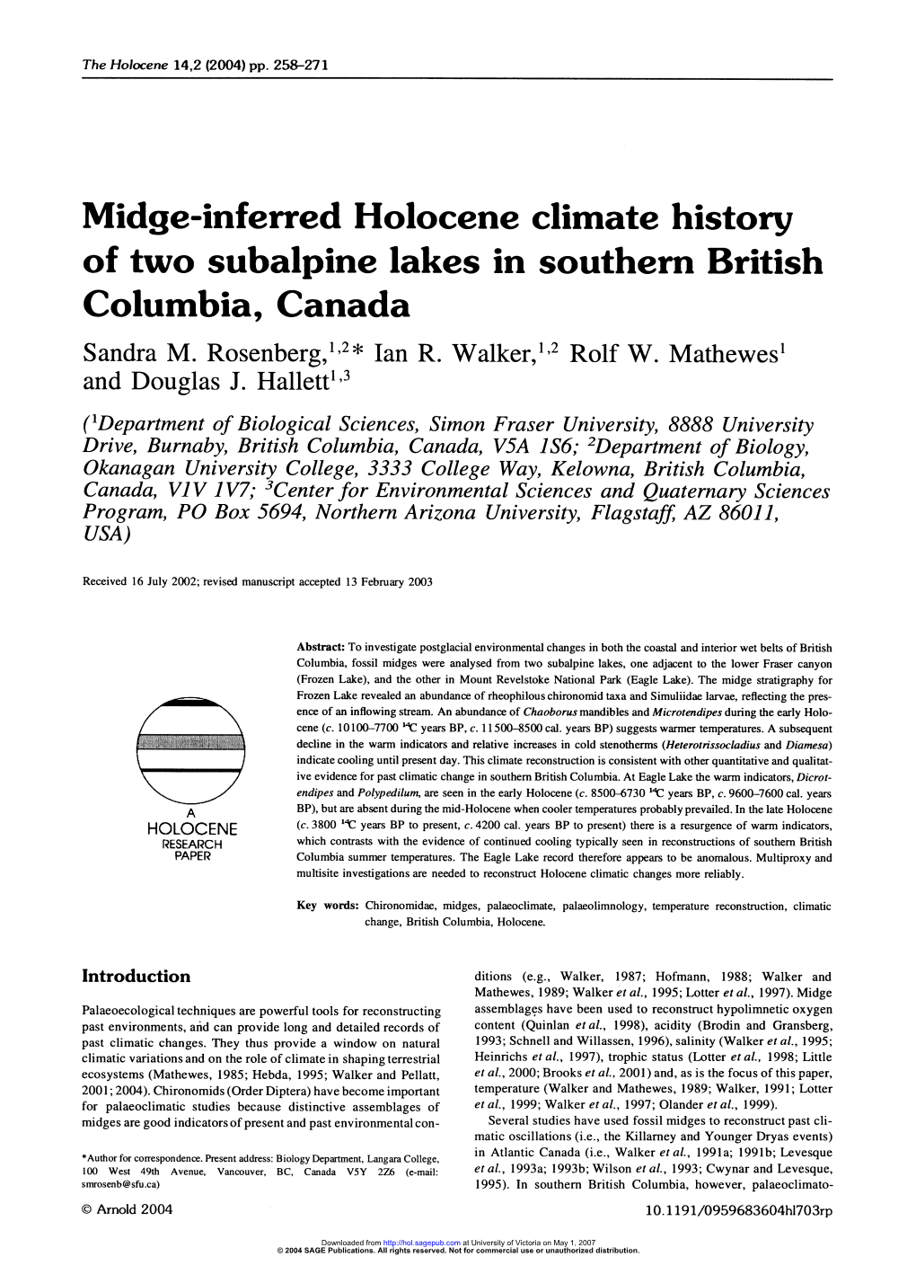 Midge-Inferred Holocene Climate History of Two Subalpine Lakes in Southern British Columbia, Canada