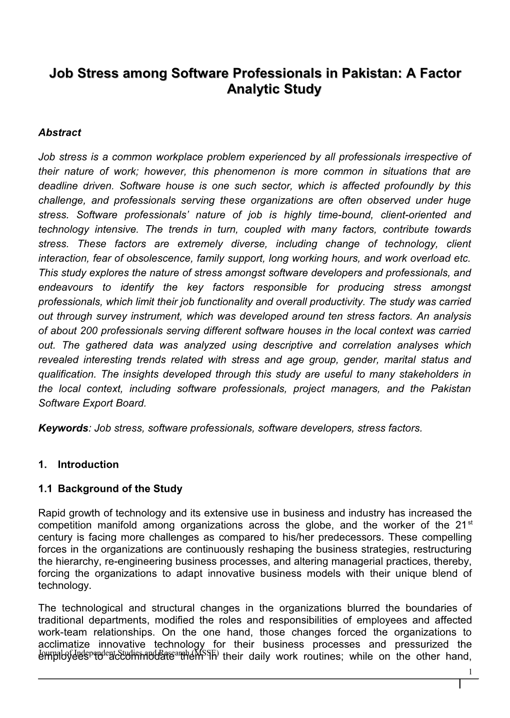 Job Stress Among Software Professionals in Pakistan: a Factor Analytic Study