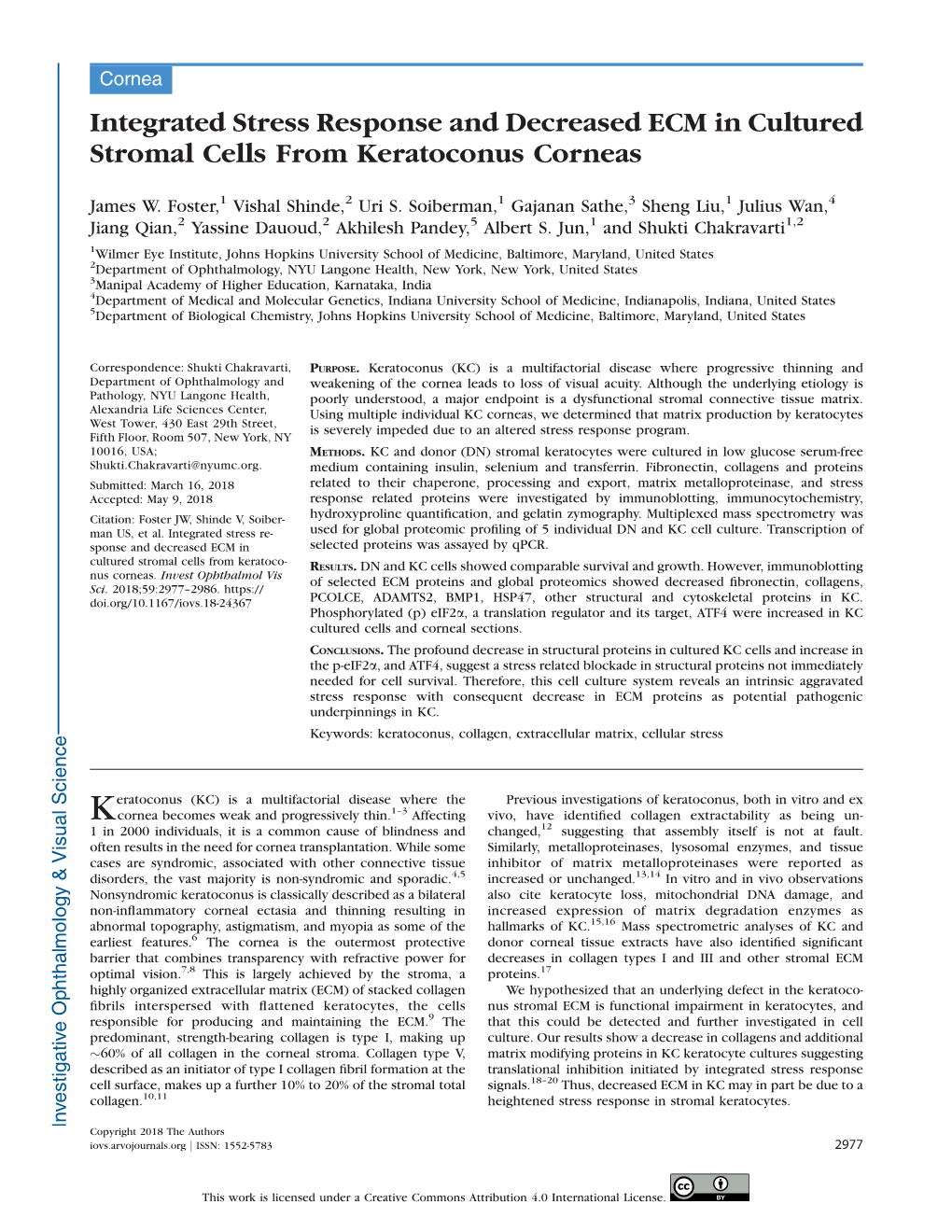 Integrated Stress Response and Decreased ECM in Cultured Stromal Cells from Keratoconus Corneas