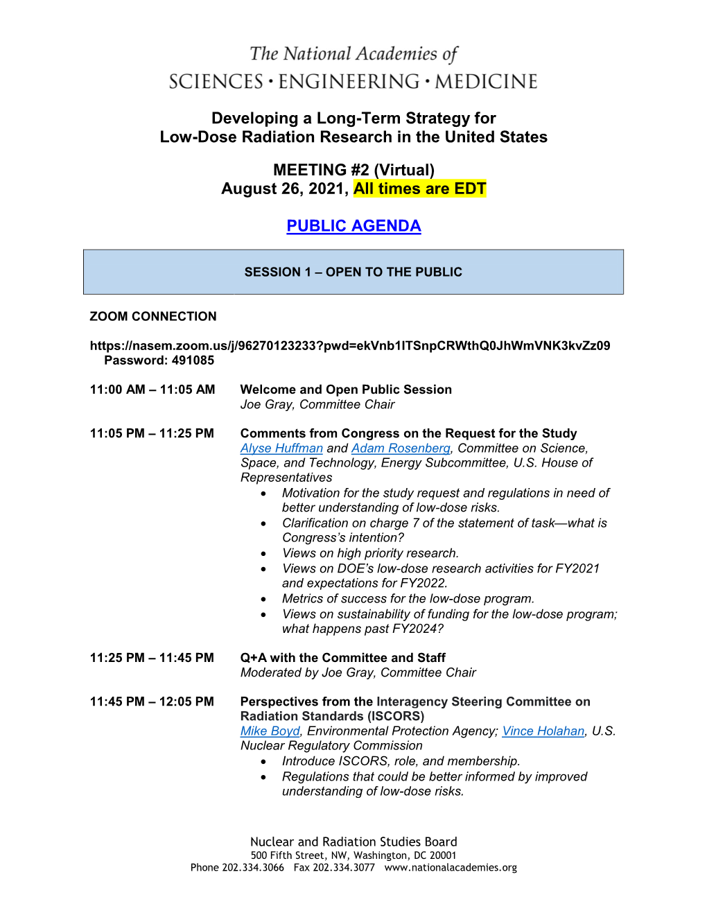 Developing a Long-Term Strategy for Low-Dose Radiation Research in the United States MEETING #2 (Virtual) August 26, 2021