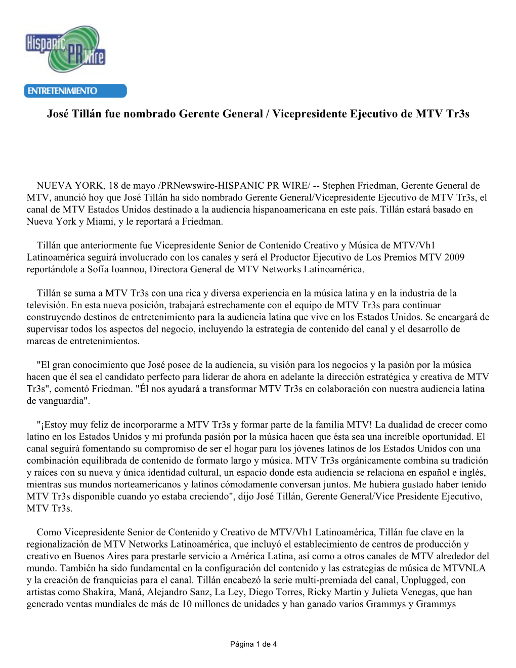 José Tillán Fue Nombrado Gerente General / Vicepresidente Ejecutivo De MTV Tr3s