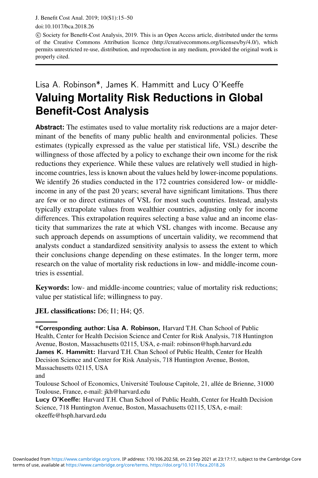 Valuing Mortality Risk Reductions in Global Benefit-Cost Analysis