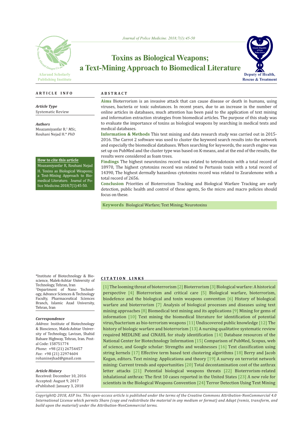 Toxins As Biological Weapons; a Text-Mining Approach to Biomedical Literature Afarand Scholarly Deputy of Health, Publishing Institute Rescue & Treatment