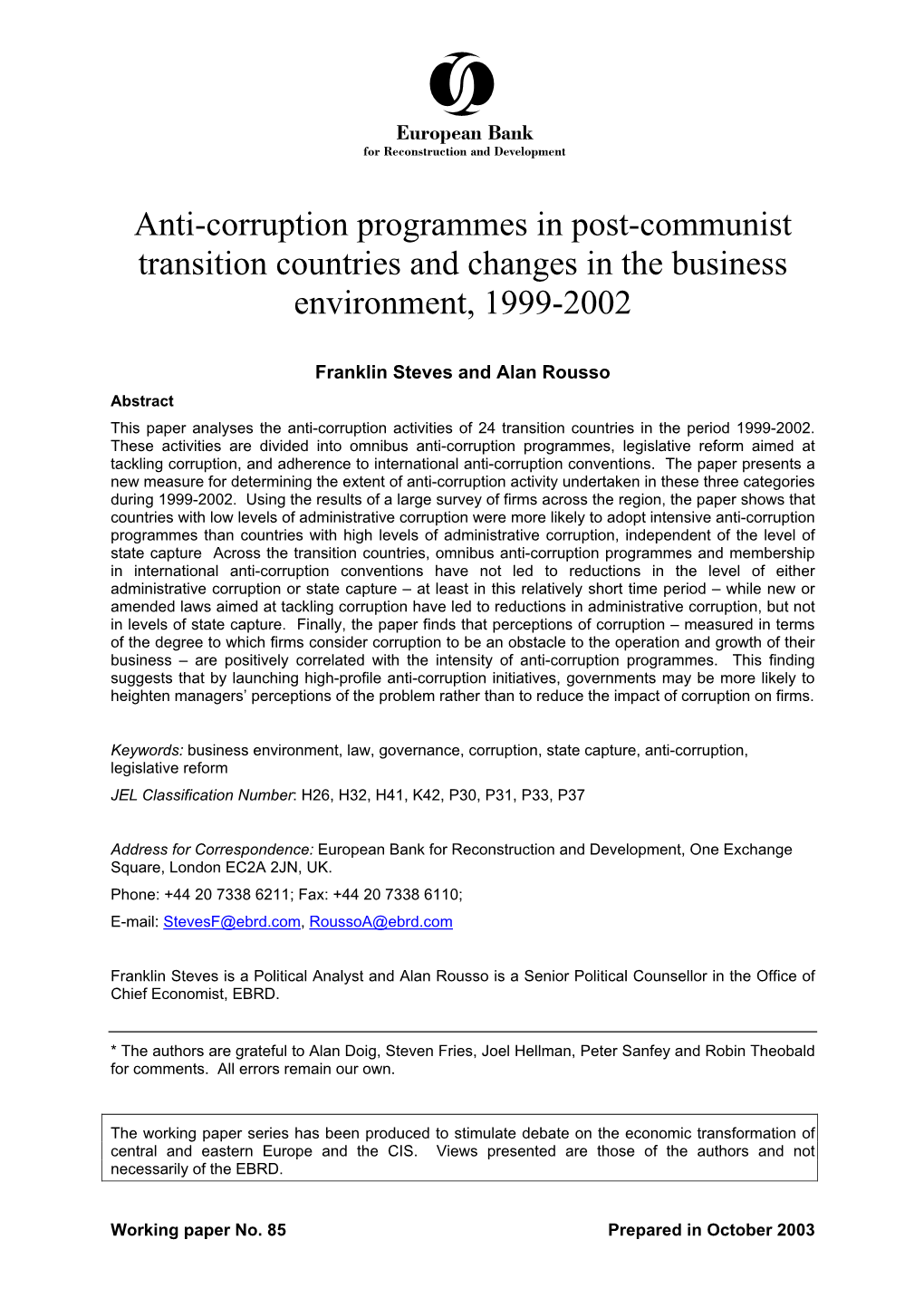 Anti-Corruption Programmes in Post-Communist Transition Countries and Changes in the Business Environment, 1999-2002